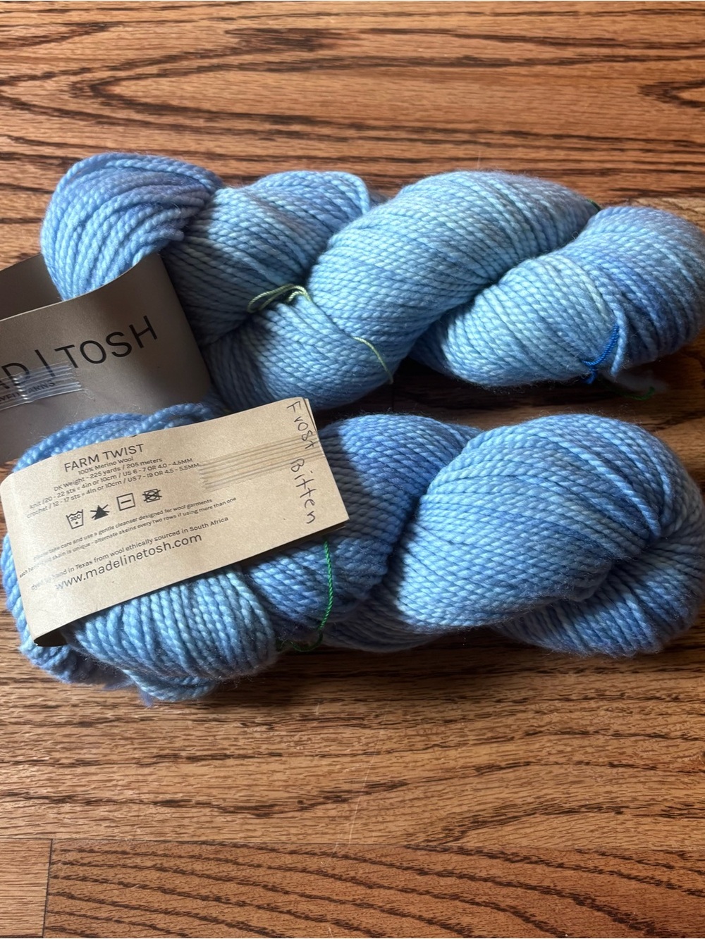 MadelineTosh Farm Twist Yarn Lot of 2 Sky Blue Frost Bitten DK Merino Wool NWT